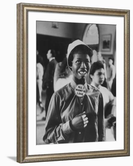 Student Wearing Hat and Button on Shirt That Says: All I Want is Love on "Old Clothes Day"-Gordon Parks-Framed Photographic Print