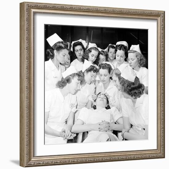 Students at Beauty School Learning Eye Brow and Make Up Techniques. 1940S-Nina Leen-Framed Photographic Print