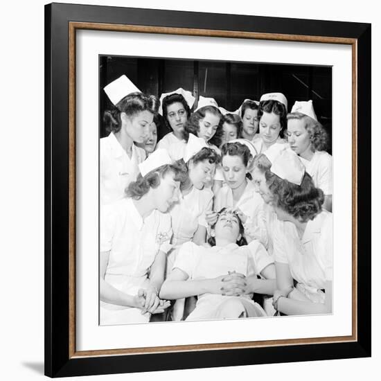 Students at Beauty School Learning Eye Brow and Make Up Techniques. 1940S-Nina Leen-Framed Photographic Print