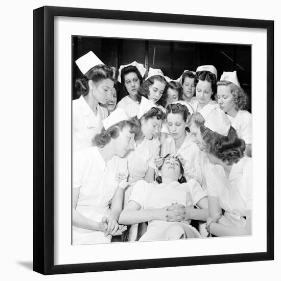 Students at Beauty School Learning Eye Brow and Make Up Techniques. 1940S-Nina Leen-Framed Photographic Print