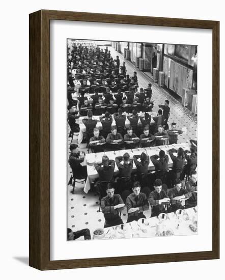 Students in Mess Hall at Culver Military Academy Holding Arms Crossed in Front of Them-Alfred Eisenstaedt-Framed Photographic Print