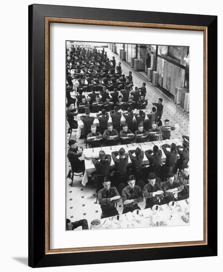 Students in Mess Hall at Culver Military Academy Holding Arms Crossed in Front of Them-Alfred Eisenstaedt-Framed Photographic Print