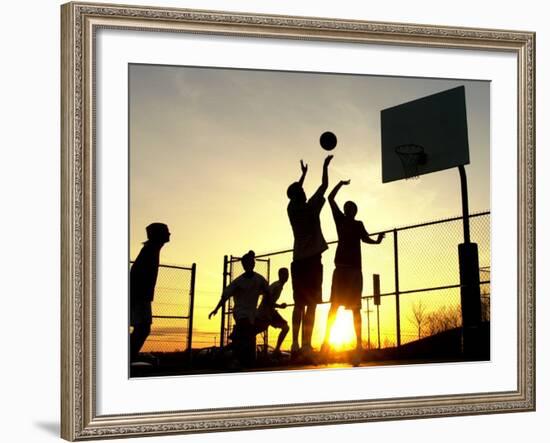 Students Play a Basketball Game as the Sun Sets at Bucks County Community College-null-Framed Photographic Print