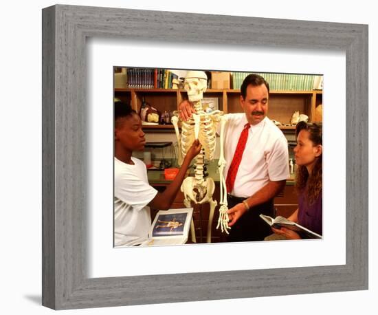 Students with Teacher Examining Skeleton in 7th Grade Science Class-Bill Bachmann-Framed Photographic Print