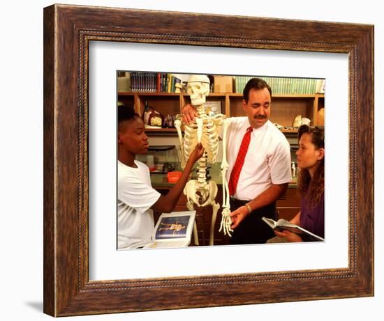Students with Teacher Examining Skeleton in 7th Grade Science Class-Bill Bachmann-Framed Photographic Print