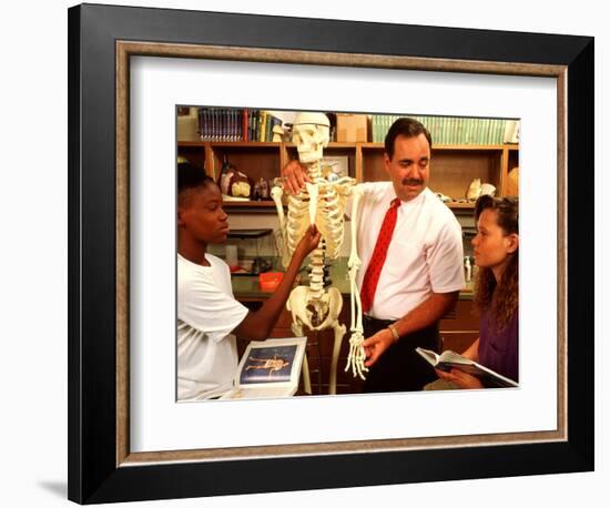 Students with Teacher Examining Skeleton in 7th Grade Science Class-Bill Bachmann-Framed Photographic Print