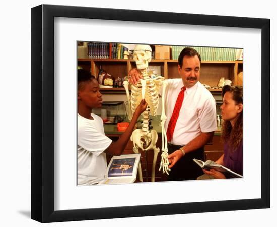 Students with Teacher Examining Skeleton in 7th Grade Science Class-Bill Bachmann-Framed Photographic Print