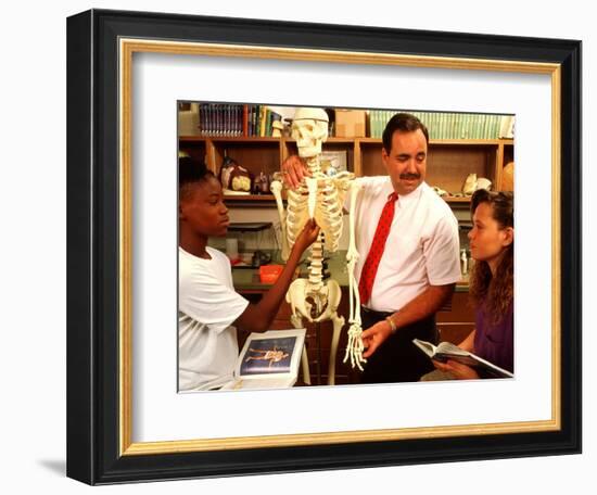 Students with Teacher Examining Skeleton in 7th Grade Science Class-Bill Bachmann-Framed Photographic Print