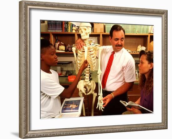 Students with Teacher Examining Skeleton in 7th Grade Science Class-Bill Bachmann-Framed Photographic Print