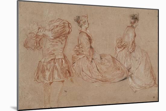 Studies of a Flute-Player and Two Women, 1717-Jean-Antoine Watteau-Mounted Giclee Print