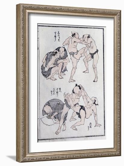 Studies of Gestures and Postures of Wrestlers, from a Manga (Colour Woodblock Print)-Katsushika Hokusai-Framed Giclee Print