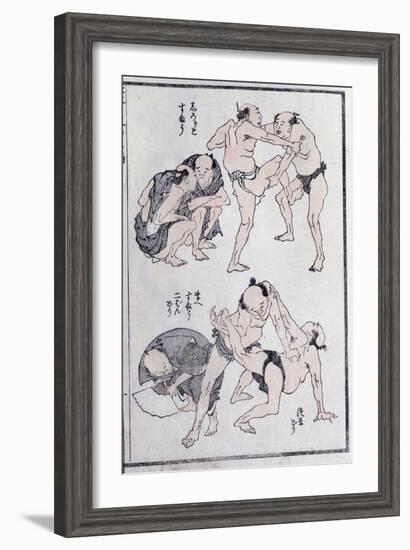 Studies of Gestures and Postures of Wrestlers, from a Manga (Colour Woodblock Print)-Katsushika Hokusai-Framed Giclee Print