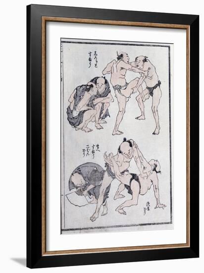 Studies of Gestures and Postures of Wrestlers, from a Manga (Colour Woodblock Print)-Katsushika Hokusai-Framed Giclee Print