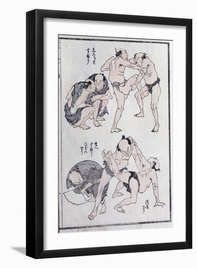 Studies of Gestures and Postures of Wrestlers, from a Manga (Colour Woodblock Print)-Katsushika Hokusai-Framed Giclee Print