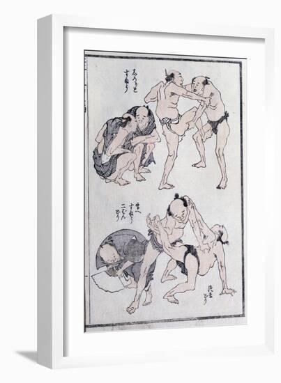 Studies of Gestures and Postures of Wrestlers, from a Manga (Colour Woodblock Print)-Katsushika Hokusai-Framed Giclee Print