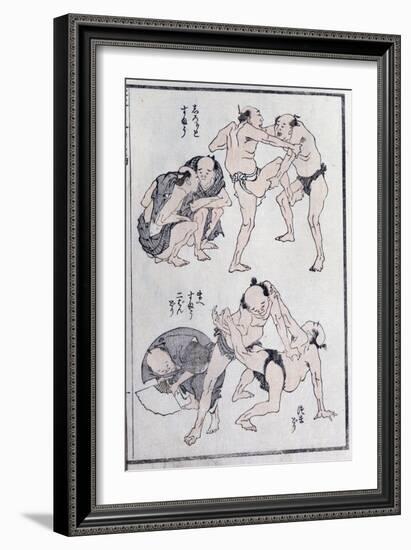 Studies of Gestures and Postures of Wrestlers, from a Manga (Colour Woodblock Print)-Katsushika Hokusai-Framed Giclee Print