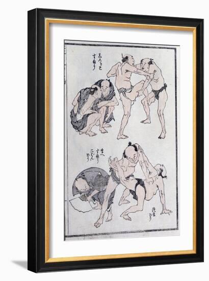 Studies of Gestures and Postures of Wrestlers, from a Manga (Colour Woodblock Print)-Katsushika Hokusai-Framed Giclee Print