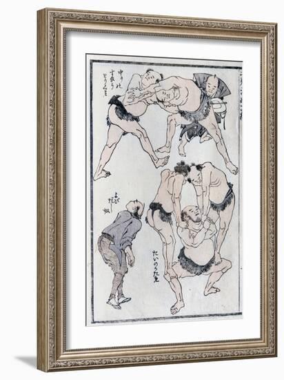 Studies of Gestures and Postures of Wrestlers, from a Manga (Colour Woodblock Print)-Katsushika Hokusai-Framed Giclee Print