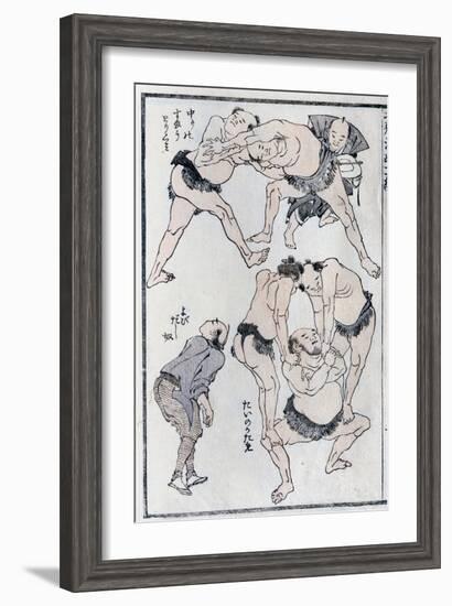 Studies of Gestures and Postures of Wrestlers, from a Manga (Colour Woodblock Print)-Katsushika Hokusai-Framed Giclee Print