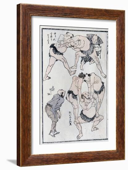 Studies of Gestures and Postures of Wrestlers, from a Manga (Colour Woodblock Print)-Katsushika Hokusai-Framed Giclee Print