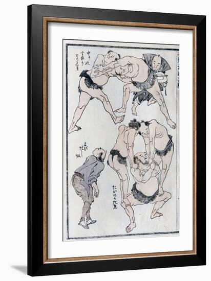 Studies of Gestures and Postures of Wrestlers, from a Manga (Colour Woodblock Print)-Katsushika Hokusai-Framed Giclee Print