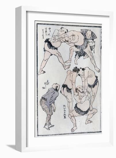 Studies of Gestures and Postures of Wrestlers, from a Manga (Colour Woodblock Print)-Katsushika Hokusai-Framed Giclee Print