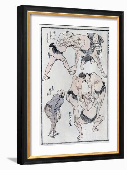 Studies of Gestures and Postures of Wrestlers, from a Manga (Colour Woodblock Print)-Katsushika Hokusai-Framed Giclee Print