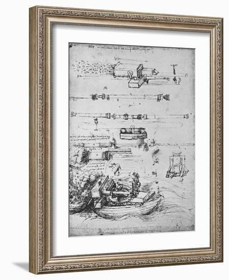 'Studies of Mortars, One Firing from a Boat, and of Canon', c1480 (1945)-Leonardo Da Vinci-Framed Giclee Print