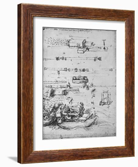 'Studies of Mortars, One Firing from a Boat, and of Canon', c1480 (1945)-Leonardo Da Vinci-Framed Giclee Print