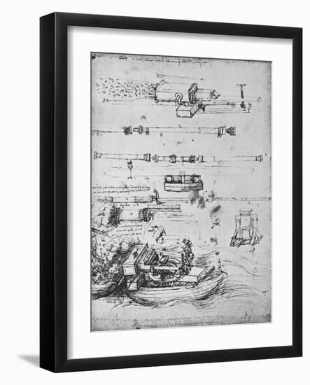 'Studies of Mortars, One Firing from a Boat, and of Canon', c1480 (1945)-Leonardo Da Vinci-Framed Giclee Print