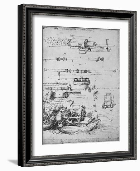 'Studies of Mortars, One Firing from a Boat, and of Canon', c1480 (1945)-Leonardo Da Vinci-Framed Giclee Print