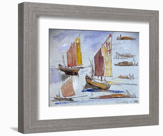 Studies of Venetian Boats, with Full Sail and Mooring. Coloured Watercolor Drawing, by Edward Lear-Edward Lear-Framed Giclee Print