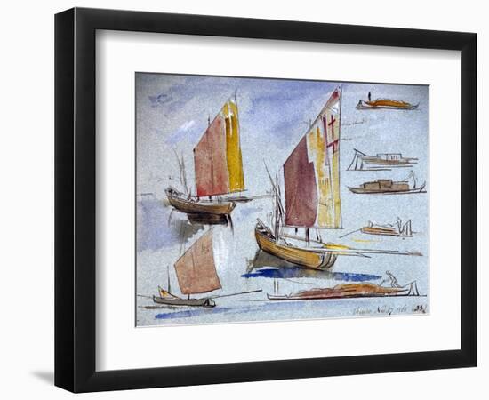 Studies of Venetian Boats, with Full Sail and Mooring. Coloured Watercolor Drawing, by Edward Lear-Edward Lear-Framed Giclee Print