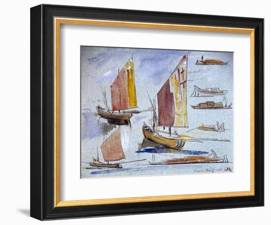 Studies of Venetian Boats, with Full Sail and Mooring. Coloured Watercolor Drawing, by Edward Lear-Edward Lear-Framed Giclee Print