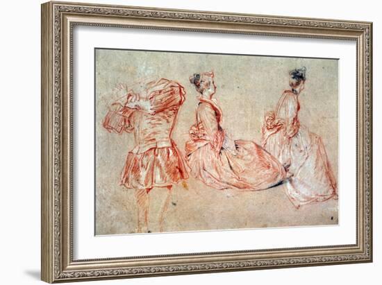 Study of a Flute-Player and Two Women, 1717 (Drawing)-Jean Antoine Watteau-Framed Giclee Print