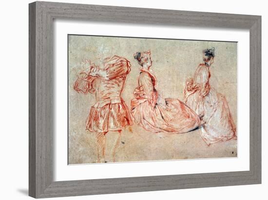 Study of a Flute-Player and Two Women, 1717 (Drawing)-Jean Antoine Watteau-Framed Giclee Print