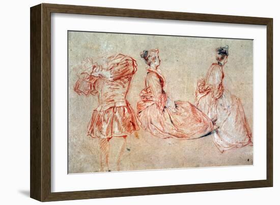 Study of a Flute-Player and Two Women, 1717 (Drawing)-Jean Antoine Watteau-Framed Giclee Print