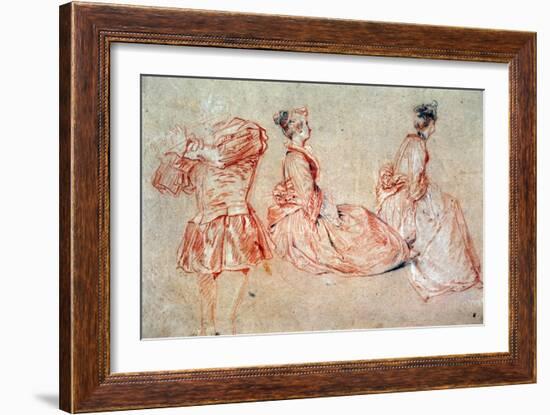 Study of a Flute-Player and Two Women, 1717 (Drawing)-Jean Antoine Watteau-Framed Giclee Print