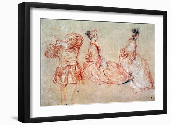 Study of a Flute-Player and Two Women, 1717 (Drawing)-Jean Antoine Watteau-Framed Giclee Print