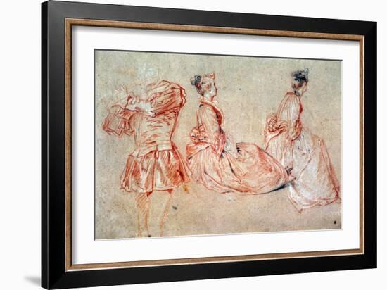 Study of a Flute-Player and Two Women, 1717 (Drawing)-Jean Antoine Watteau-Framed Giclee Print