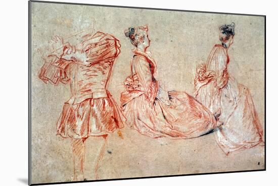 Study of a Flute-Player and Two Women, 1717 (Drawing)-Jean Antoine Watteau-Mounted Giclee Print