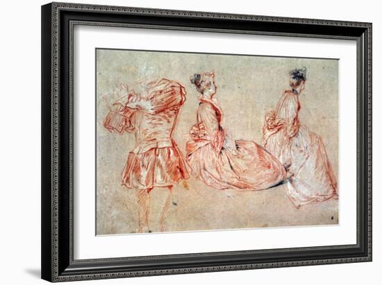 Study of a Flute-Player and Two Women, 1717 (Drawing)-Jean Antoine Watteau-Framed Giclee Print