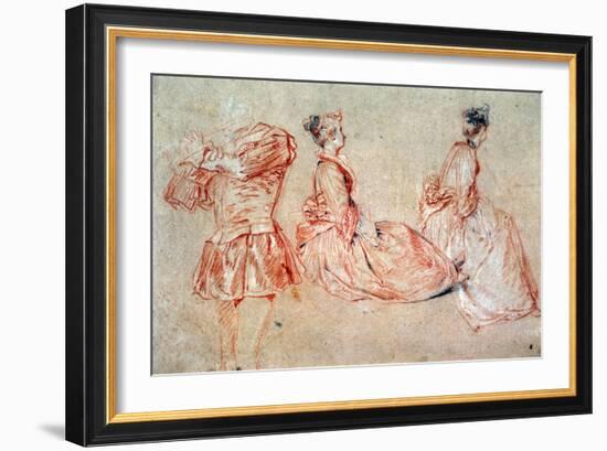 Study of a Flute-Player and Two Women, 1717 (Drawing)-Jean Antoine Watteau-Framed Giclee Print