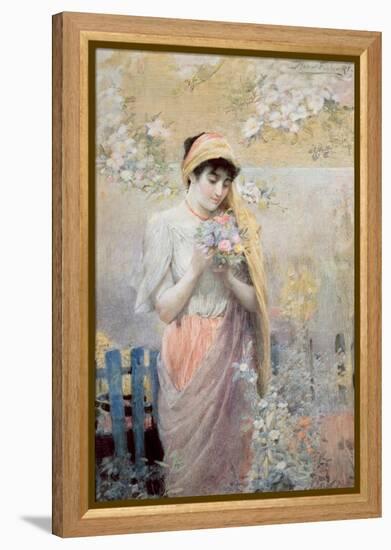Study of a Girl with a Bouquet of Flowers in a Garden-Robert Fowler-Framed Premier Image Canvas