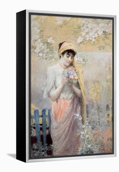 Study of a Girl with a Bouquet of Flowers in a Garden-Robert Fowler-Framed Premier Image Canvas