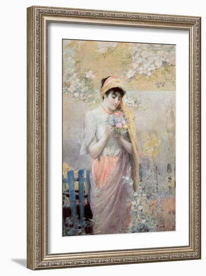 Study of a Girl with a Bouquet of Flowers in a Garden-Robert Fowler-Framed Giclee Print