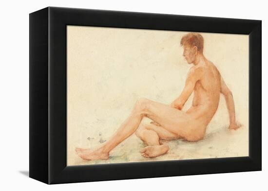 Study of a Male Nude, Seated, Turning Away to the right (W/C on Paper)-Henry Scott Tuke-Framed Premier Image Canvas