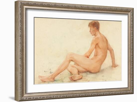 Study of a Male Nude, Seated, Turning Away to the right (W/C on Paper)-Henry Scott Tuke-Framed Giclee Print