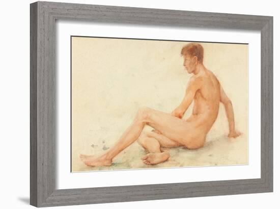 Study of a Male Nude, Seated, Turning Away to the right (W/C on Paper)-Henry Scott Tuke-Framed Giclee Print