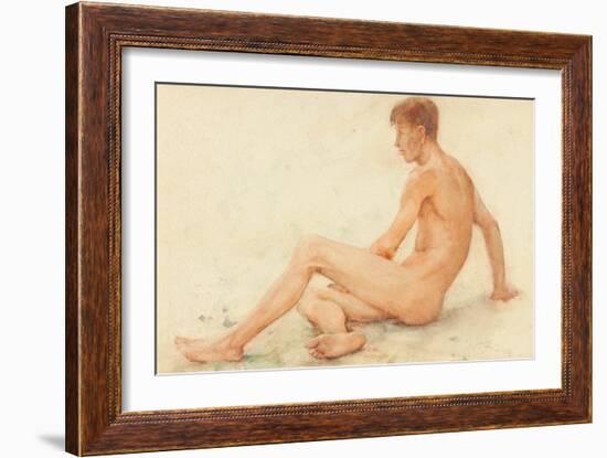 Study of a Male Nude, Seated, Turning Away to the right (W/C on Paper)-Henry Scott Tuke-Framed Giclee Print